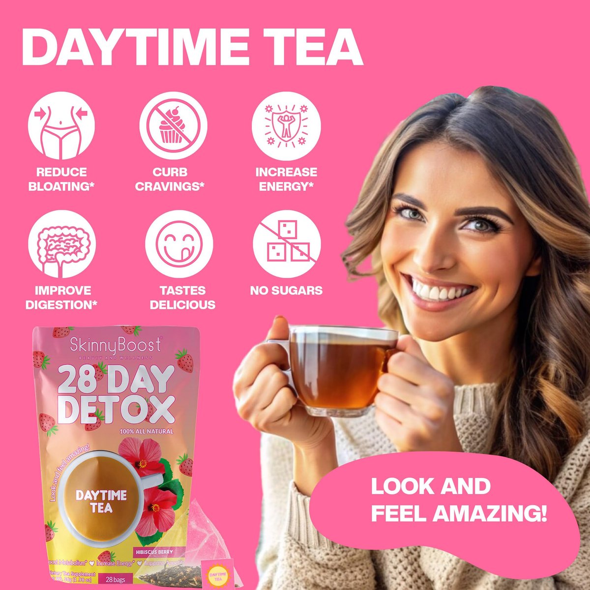 SkinnyBoost 28-Tage-Detox-Daytime-Tee – Hibiskus-Beere (28 Teebeutel) – Unterstützt Stoffwechsel, Entgiftung, Antioxidantien, Energie, Verdauung – Nicht-GVO, Vegan, Keto-freundlich