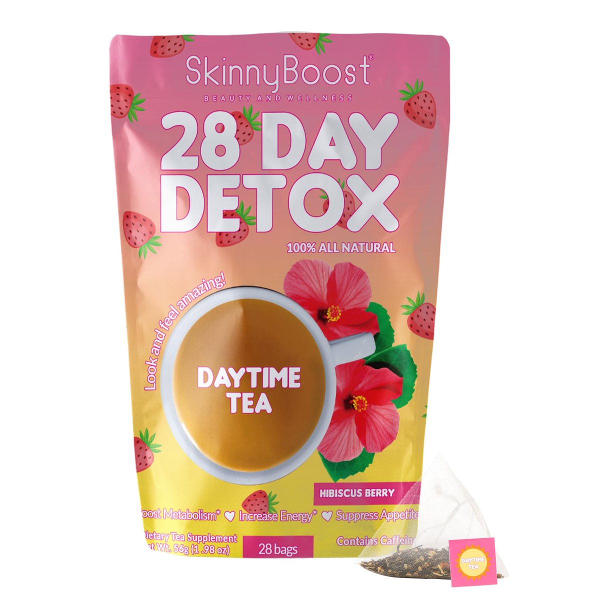 SkinnyBoost 28-Tage-Detox-Daytime-Tee – Hibiskus-Beere (28 Teebeutel) – Unterstützt Stoffwechsel, Entgiftung, Antioxidantien, Energie, Verdauung – Nicht-GVO, Vegan, Keto-freundlich