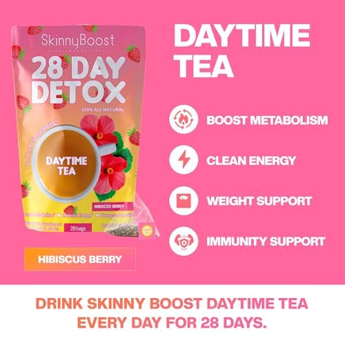 SkinnyBoost 28-Tage-Detox-Daytime-Tee – Hibiskus-Beere (28 Teebeutel) – Unterstützt Stoffwechsel, Entgiftung, Antioxidantien, Energie, Verdauung – Nicht-GVO, Vegan, Keto-freundlich