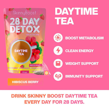 SkinnyBoost 28-Tage-Detox-Daytime-Tee – Hibiskus-Beere (28 Teebeutel) – Unterstützt Stoffwechsel, Entgiftung, Antioxidantien, Energie, Verdauung – Nicht-GVO, Vegan, Keto-freundlich