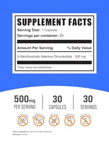 BulkSupplements.com NAD Kapseln - Nicotinamid-Adenin-Dinucleotid, NAD Supplement 500mg - für Energieunterstützung, rein & glutenfrei, 1 Kapsel pro Portion, 30 Kapseln (1er-Pack)