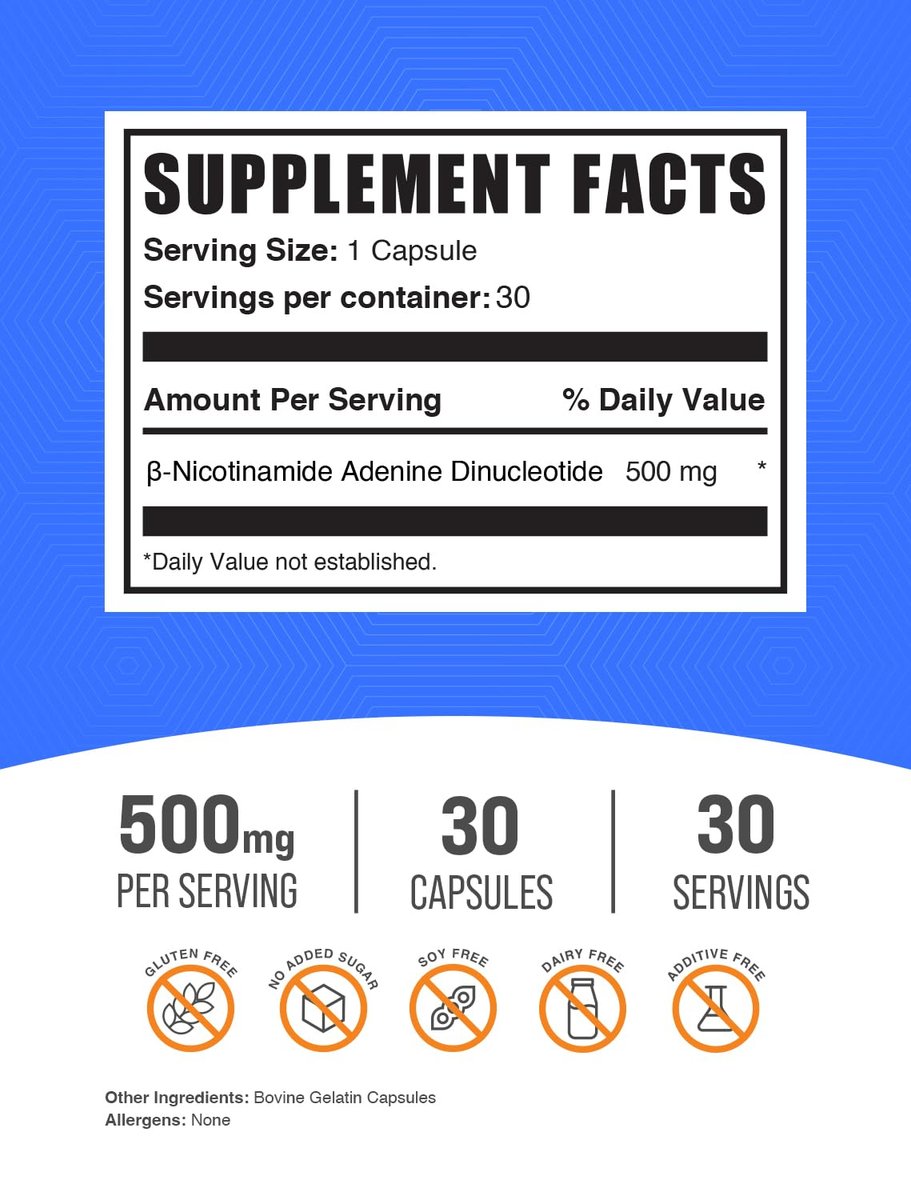BulkSupplements.com NAD Kapseln - Nicotinamid-Adenin-Dinucleotid, NAD Supplement 500mg - für Energieunterstützung, rein & glutenfrei, 1 Kapsel pro Portion, 30 Kapseln (1er-Pack)