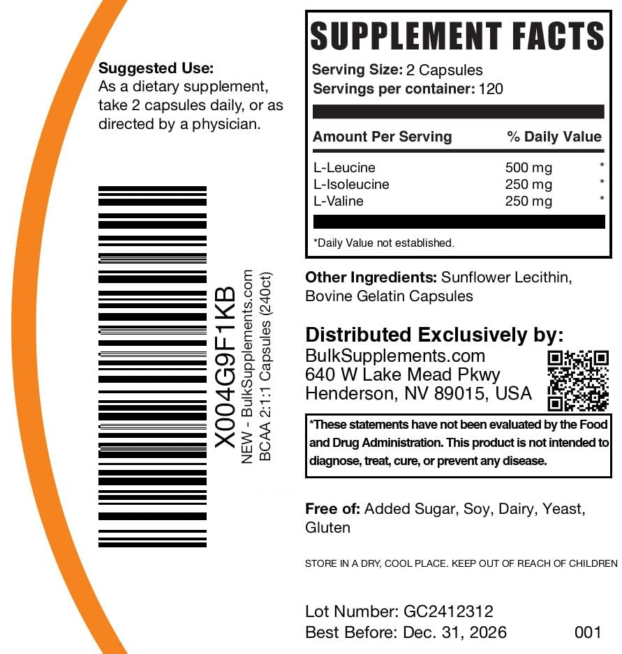 BulkSupplements.com BCAA 2:1:1 Kapseln - Verzweigtkettige Aminosäuren, BCAA Nahrungsergänzung, BCAA Kapseln, BCAA Pillen - Glutenfrei, 240 Kapseln (1er Pack)