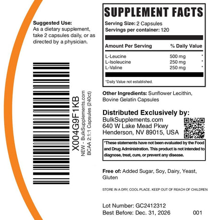 BulkSupplements.com BCAA 2:1:1 Kapseln - Verzweigtkettige Aminosäuren, BCAA Nahrungsergänzung, BCAA Kapseln, BCAA Pillen - Glutenfrei, 240 Kapseln (1er Pack)