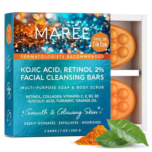 MAREE Kojic Acid Seife & Peeling – Aufhellende Kojic Acid und Kurkuma Seife gegen dunkle Flecken und Hyperpigmentierung – Dunkle Flecken Entferner für Gesicht & Körper – Acido Kojico Cremeseife