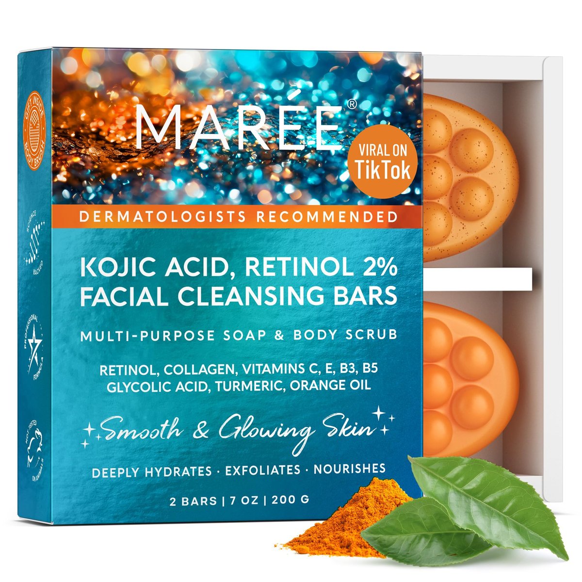 MAREE Kojic Acid Seife & Peeling – Aufhellende Kojic Acid und Kurkuma Seife gegen dunkle Flecken und Hyperpigmentierung – Dunkle Flecken Entferner für Gesicht & Körper – Acido Kojico Cremeseife