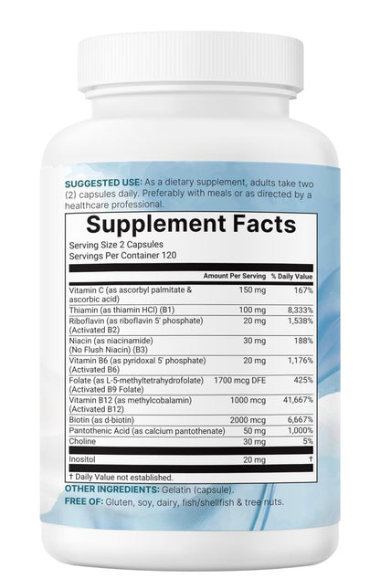 Micro Ingredients Reines Methyliertes B-Komplex, 240 Kapseln | 11-in-1 Formel mit Methylfolat, B12, Thiamin, Inositol, Cholin & fettlöslichem Vitamin C | Saubere Inhaltsstoffe ohne Füllstoffe | Non-GMO