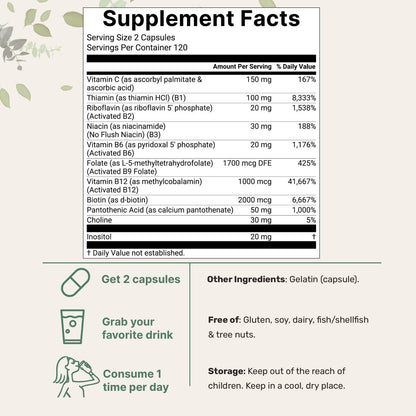 Micro Ingredients Reines Methyliertes B-Komplex, 240 Kapseln | 11-in-1 Formel mit Methylfolat, B12, Thiamin, Inositol, Cholin & fettlöslichem Vitamin C | Saubere Inhaltsstoffe ohne Füllstoffe | Non-GMO