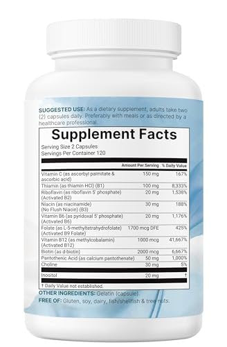 Micro Ingredients Reines Methyliertes B-Komplex, 240 Kapseln | 11-in-1 Formel mit Methylfolat, B12, Thiamin, Inositol, Cholin & fettlöslichem Vitamin C | Saubere Inhaltsstoffe ohne Füllstoffe | Non-GMO