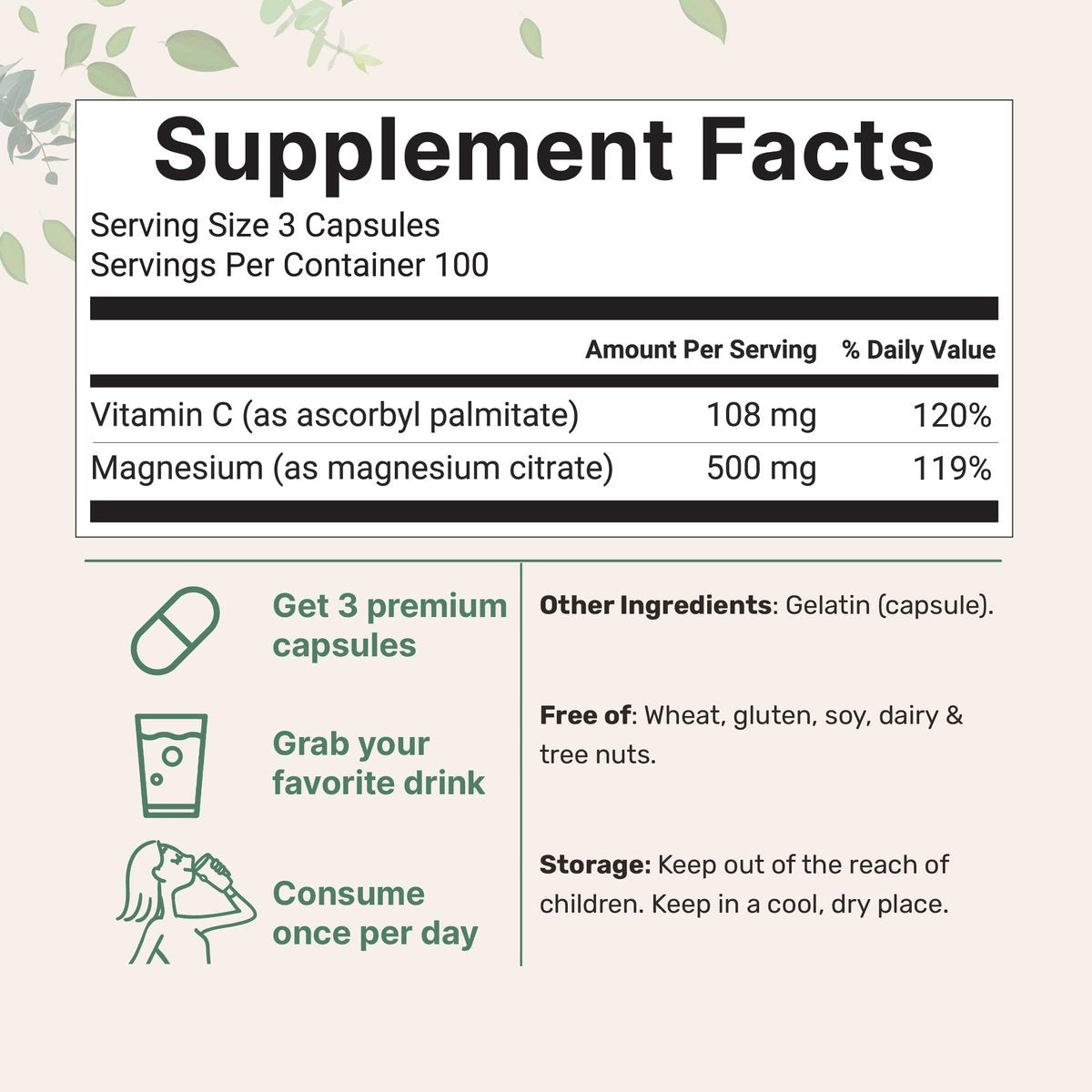 Reines Magnesiumcitrat 500 mg, 300 Kapseln | Mit fettlöslichem Vitamin C | 100% cheliert | Nur aktive Inhaltsstoffe