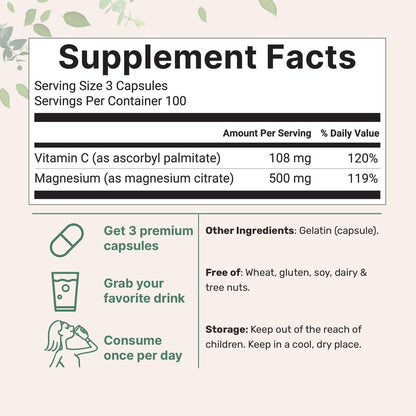 Reines Magnesiumcitrat 500 mg, 300 Kapseln | Mit fettlöslichem Vitamin C | 100% cheliert | Nur aktive Inhaltsstoffe