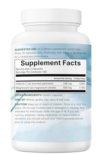 Reines Magnesiumcitrat 500 mg, 300 Kapseln | Mit fettlöslichem Vitamin C | 100% cheliert | Nur aktive Inhaltsstoffe