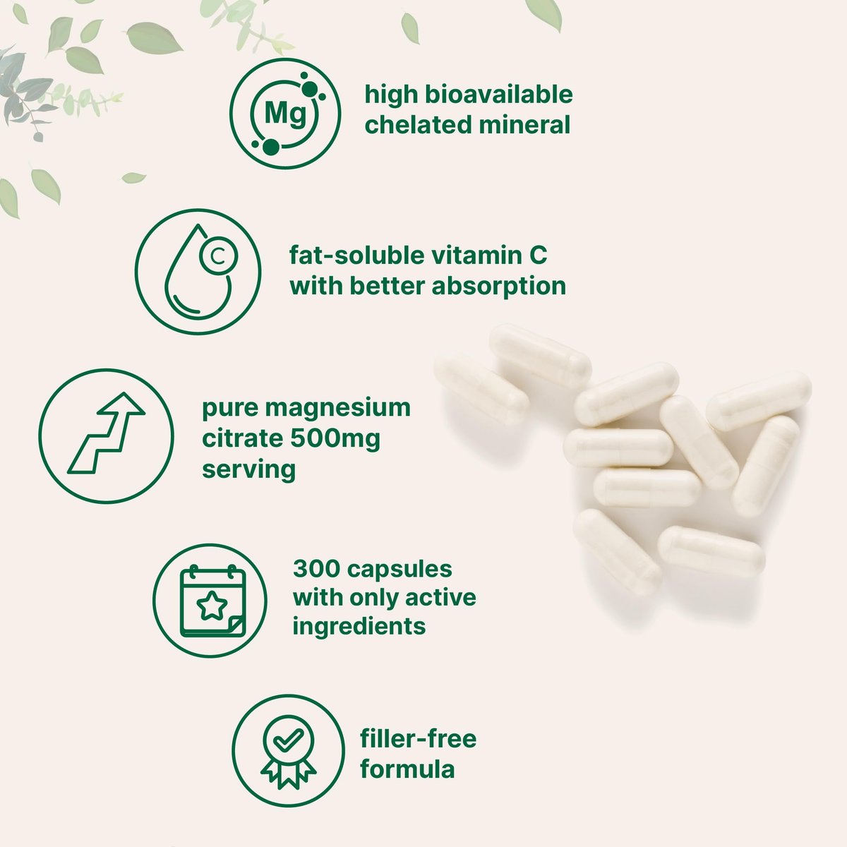 Reines Magnesiumcitrat 500 mg, 300 Kapseln | Mit fettlöslichem Vitamin C | 100% cheliert | Nur aktive Inhaltsstoffe