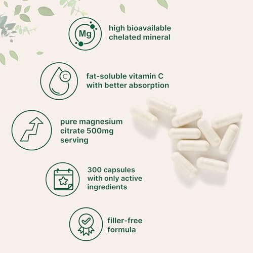 Reines Magnesiumcitrat 500 mg, 300 Kapseln | Mit fettlöslichem Vitamin C | 100% cheliert | Nur aktive Inhaltsstoffe