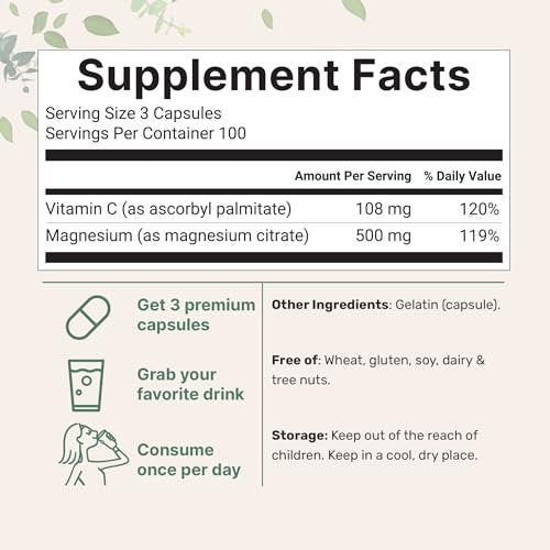 Reines Magnesiumcitrat 500 mg, 300 Kapseln | Mit fettlöslichem Vitamin C | 100% cheliert | Nur aktive Inhaltsstoffe