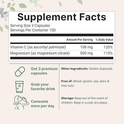 Reines Magnesiumcitrat 500 mg, 300 Kapseln | Mit fettlöslichem Vitamin C | 100% cheliert | Nur aktive Inhaltsstoffe
