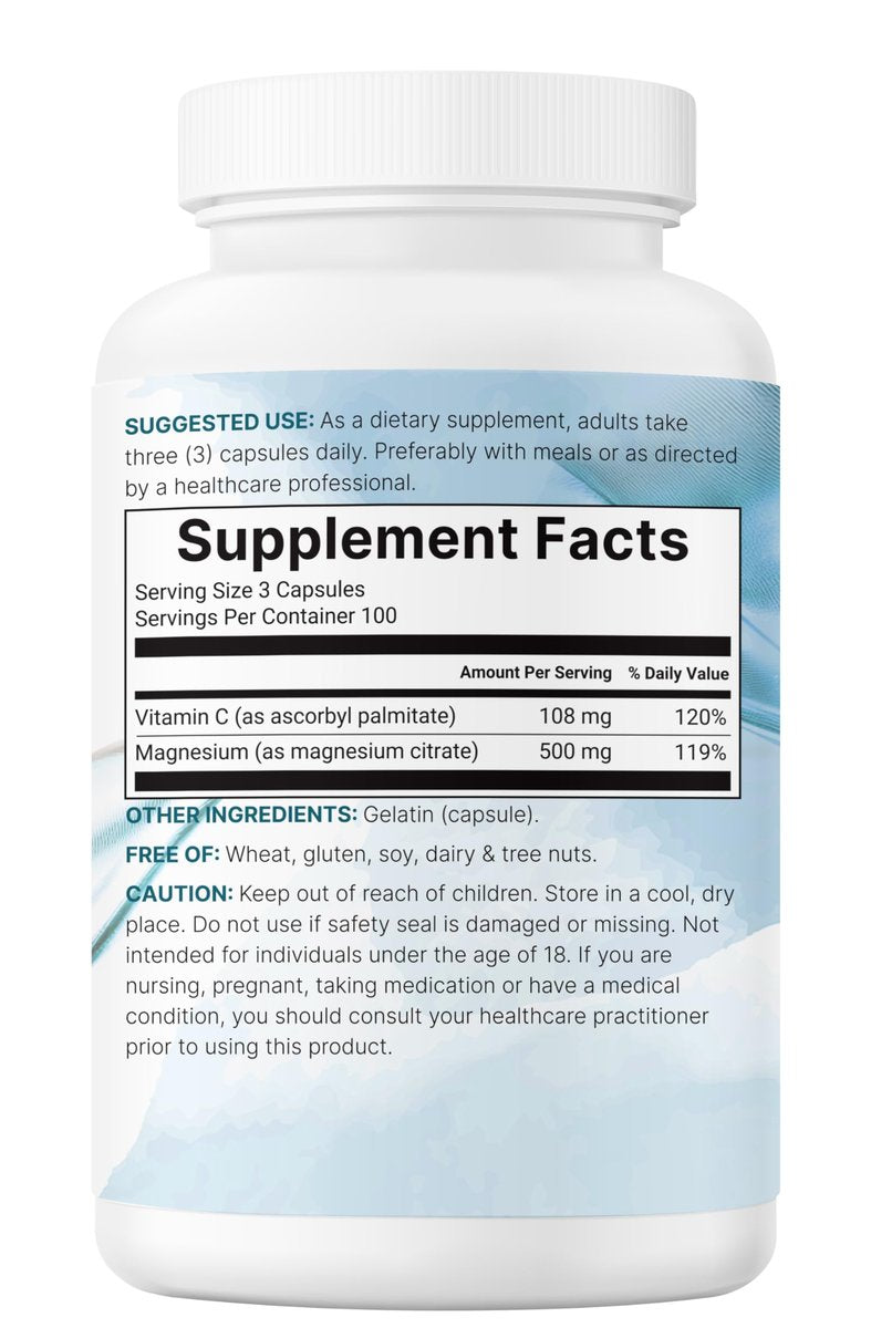 Reines Magnesiumcitrat 500 mg, 300 Kapseln | Mit fettlöslichem Vitamin C | 100% cheliert | Nur aktive Inhaltsstoffe
