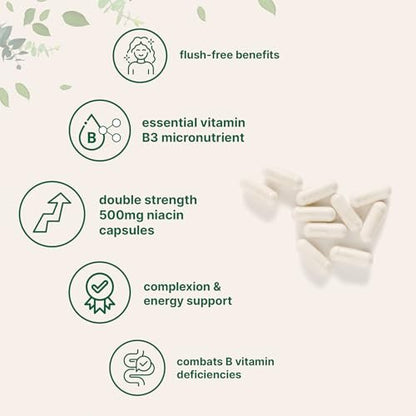 Micro Ingredients Niacin 500 mg pro Portion, 400 Kapseln – Flush-freies B3-Vitamin – Doppelte Stärke, essenzielles B-Vitamin – Unterstützt Hautpflege und Energie – Nicht-GVO, glutenfrei