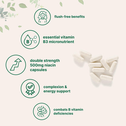 Micro Ingredients Niacin 500 mg pro Portion, 400 Kapseln – Flush-freies B3-Vitamin – Doppelte Stärke, essenzielles B-Vitamin – Unterstützt Hautpflege und Energie – Nicht-GVO, glutenfrei
