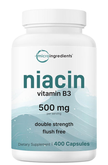 Micro Ingredients Niacin 500 mg pro Portion, 400 Kapseln – Flush-freies B3-Vitamin – Doppelte Stärke, essenzielles B-Vitamin – Unterstützt Hautpflege und Energie – Nicht-GVO, glutenfrei