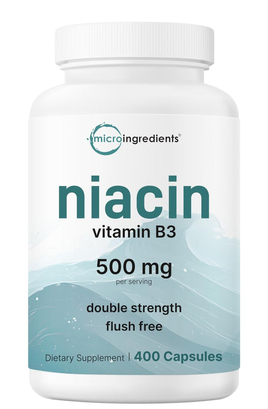Micro Ingredients Niacin 500 mg pro Portion, 400 Kapseln – Flush-freies B3-Vitamin – Doppelte Stärke, essenzielles B-Vitamin – Unterstützt Hautpflege und Energie – Nicht-GVO, glutenfrei