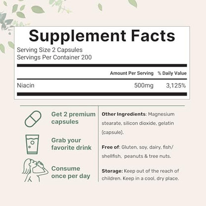Micro Ingredients Niacin 500 mg pro Portion, 400 Kapseln – Flush-freies B3-Vitamin – Doppelte Stärke, essenzielles B-Vitamin – Unterstützt Hautpflege und Energie – Nicht-GVO, glutenfrei