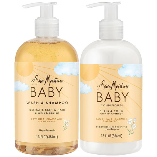 SheaMoisture Baby Essentials Set – Körperwäsche & Shampoo + Curls & Coils Conditioner & Entwirrer mit Rohsheabutter, Kamille & Arganöl – pädiatrisch getestet, hypoallergen, tränenfrei – 2 x 355 ml