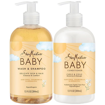 SheaMoisture Baby Essentials Set – Körperwäsche & Shampoo + Curls & Coils Conditioner & Entwirrer mit Rohsheabutter, Kamille & Arganöl – pädiatrisch getestet, hypoallergen, tränenfrei – 2 x 355 ml