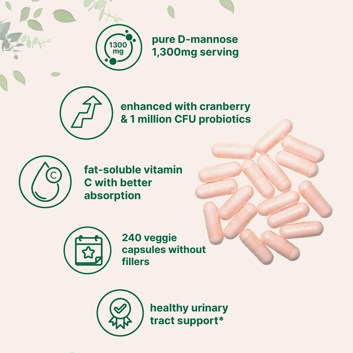 Pure D-Mannose 1.300 mg mit Cranberry & Probiotika, 240 vegane Kapseln | Unterstützung der Harnwegsgesundheit für Frauen | Plus 1 Million KBE Probiotika-Mischung & hochdosiertes Vitamin C | Ohne Füllstoffe, Nicht-GVO
