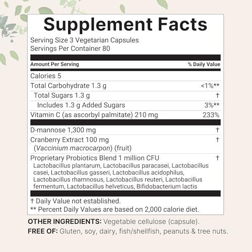 Pure D-Mannose 1.300 mg mit Cranberry & Probiotika, 240 vegane Kapseln | Unterstützung der Harnwegsgesundheit für Frauen | Plus 1 Million KBE Probiotika-Mischung & hochdosiertes Vitamin C | Ohne Füllstoffe, Nicht-GVO