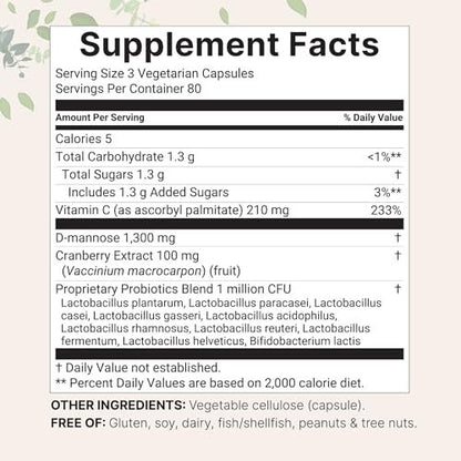 Pure D-Mannose 1.300 mg mit Cranberry & Probiotika, 240 vegane Kapseln | Unterstützung der Harnwegsgesundheit für Frauen | Plus 1 Million KBE Probiotika-Mischung & hochdosiertes Vitamin C | Ohne Füllstoffe, Nicht-GVO