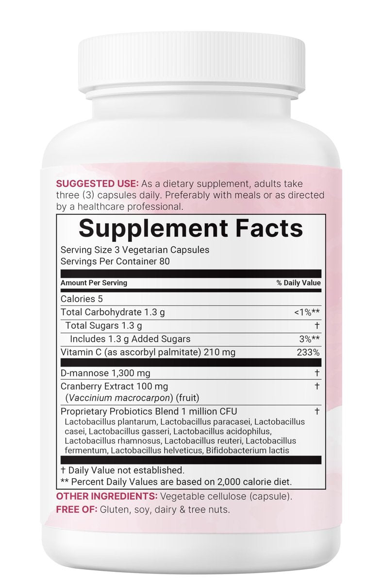 Pure D-Mannose 1.300 mg mit Cranberry & Probiotika, 240 vegane Kapseln | Unterstützung der Harnwegsgesundheit für Frauen | Plus 1 Million KBE Probiotika-Mischung & hochdosiertes Vitamin C | Ohne Füllstoffe, Nicht-GVO