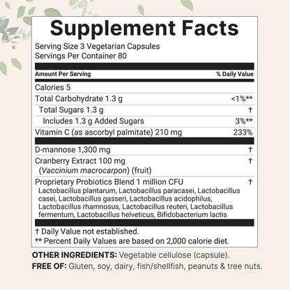 Pure D-Mannose 1.300 mg mit Cranberry & Probiotika, 240 vegane Kapseln | Unterstützung der Harnwegsgesundheit für Frauen | Plus 1 Million KBE Probiotika-Mischung & hochdosiertes Vitamin C | Ohne Füllstoffe, Nicht-GVO