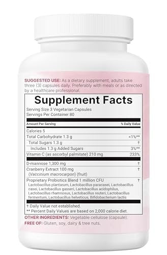 Pure D-Mannose 1.300 mg mit Cranberry & Probiotika, 240 vegane Kapseln | Unterstützung der Harnwegsgesundheit für Frauen | Plus 1 Million KBE Probiotika-Mischung & hochdosiertes Vitamin C | Ohne Füllstoffe, Nicht-GVO