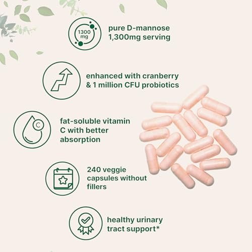 Pure D-Mannose 1.300 mg mit Cranberry & Probiotika, 240 vegane Kapseln | Unterstützung der Harnwegsgesundheit für Frauen | Plus 1 Million KBE Probiotika-Mischung & hochdosiertes Vitamin C | Ohne Füllstoffe, Nicht-GVO