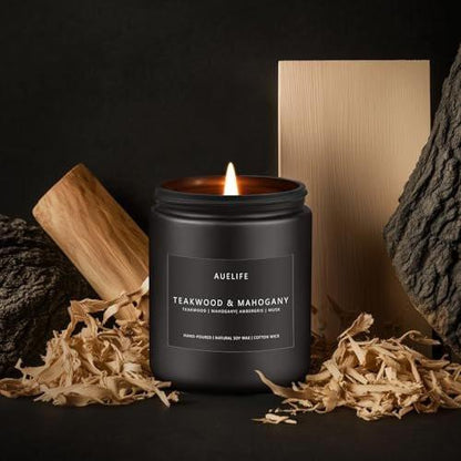 Teakwood & Mahogany Kerze | Maskuline Duftkerze für Männer, Geschenk für Männer – Sojakerze für den Wohnraum, Aromatherapie-Geschenk mit langer Brenndauer – 200 g Schwarzes Glas