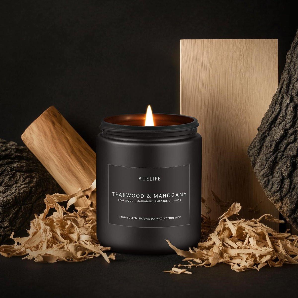 Teakwood & Mahogany Kerze | Maskuline Duftkerze für Männer, Geschenk für Männer – Sojakerze für den Wohnraum, Aromatherapie-Geschenk mit langer Brenndauer – 200 g Schwarzes Glas