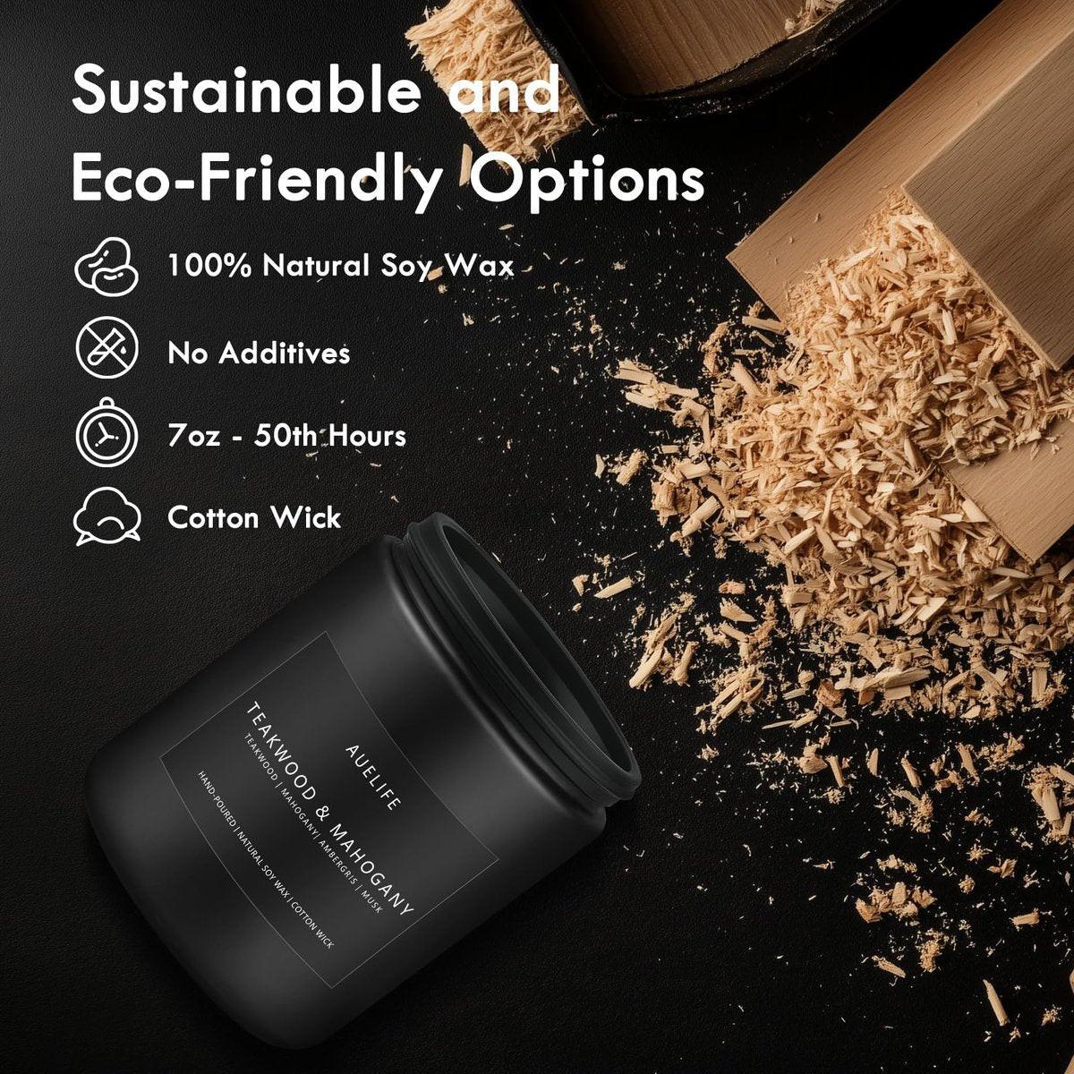 Teakwood & Mahogany Kerze | Maskuline Duftkerze für Männer, Geschenk für Männer – Sojakerze für den Wohnraum, Aromatherapie-Geschenk mit langer Brenndauer – 200 g Schwarzes Glas