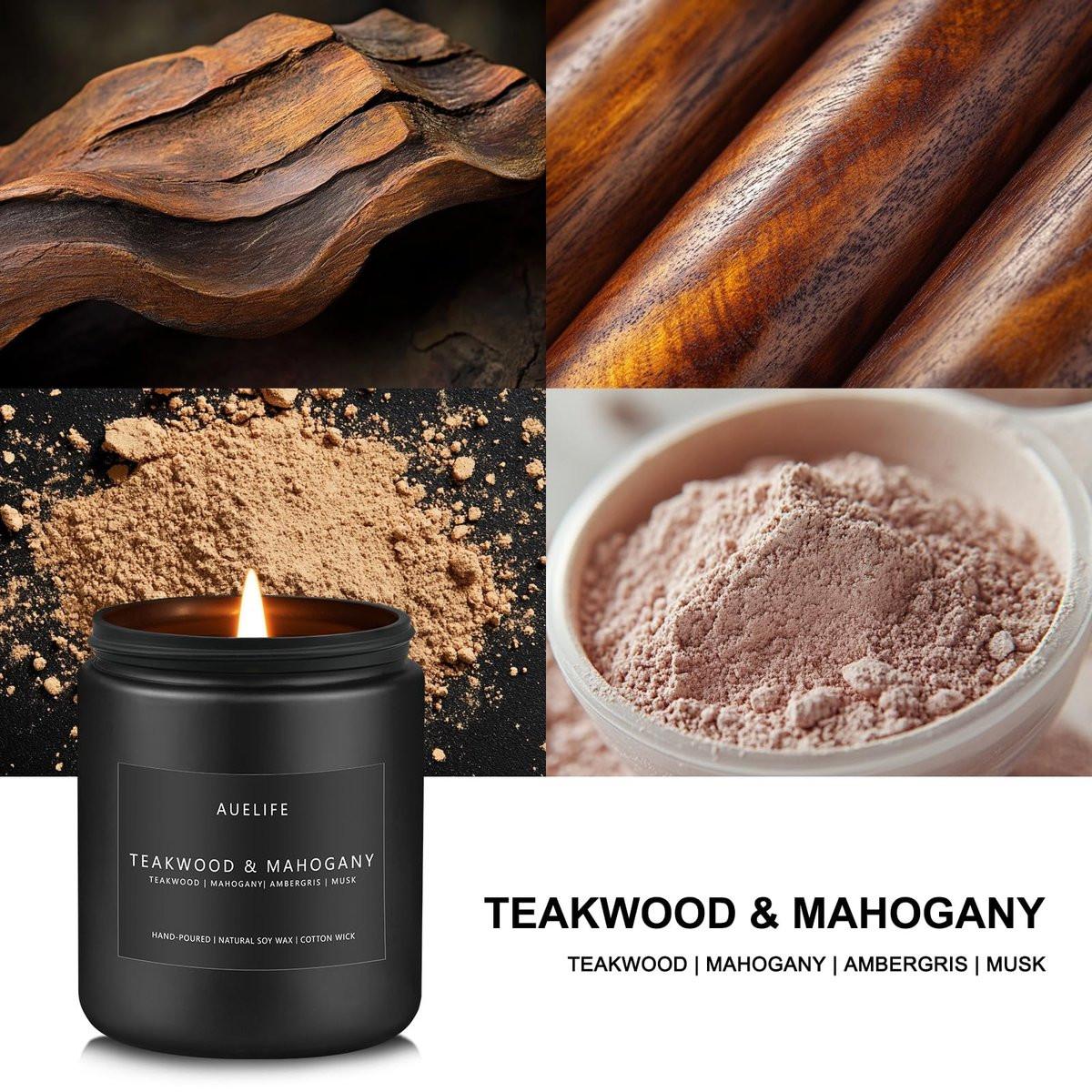 Teakwood & Mahogany Kerze | Maskuline Duftkerze für Männer, Geschenk für Männer – Sojakerze für den Wohnraum, Aromatherapie-Geschenk mit langer Brenndauer – 200 g Schwarzes Glas