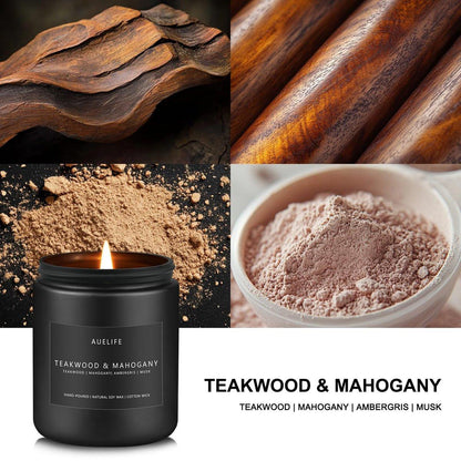 Teakwood & Mahogany Kerze | Maskuline Duftkerze für Männer, Geschenk für Männer – Sojakerze für den Wohnraum, Aromatherapie-Geschenk mit langer Brenndauer – 200 g Schwarzes Glas