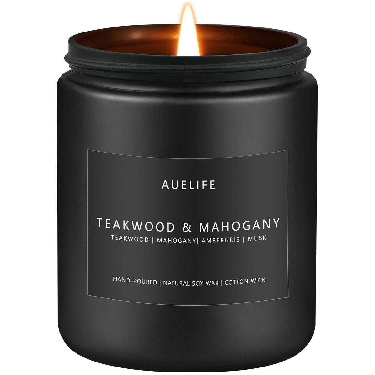 Teakwood & Mahogany Kerze | Maskuline Duftkerze für Männer, Geschenk für Männer – Sojakerze für den Wohnraum, Aromatherapie-Geschenk mit langer Brenndauer – 200 g Schwarzes Glas