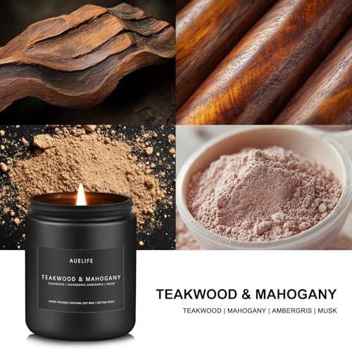 Teakwood & Mahogany Kerze | Maskuline Duftkerze für Männer, Geschenk für Männer – Sojakerze für den Wohnraum, Aromatherapie-Geschenk mit langer Brenndauer – 200 g Schwarzes Glas