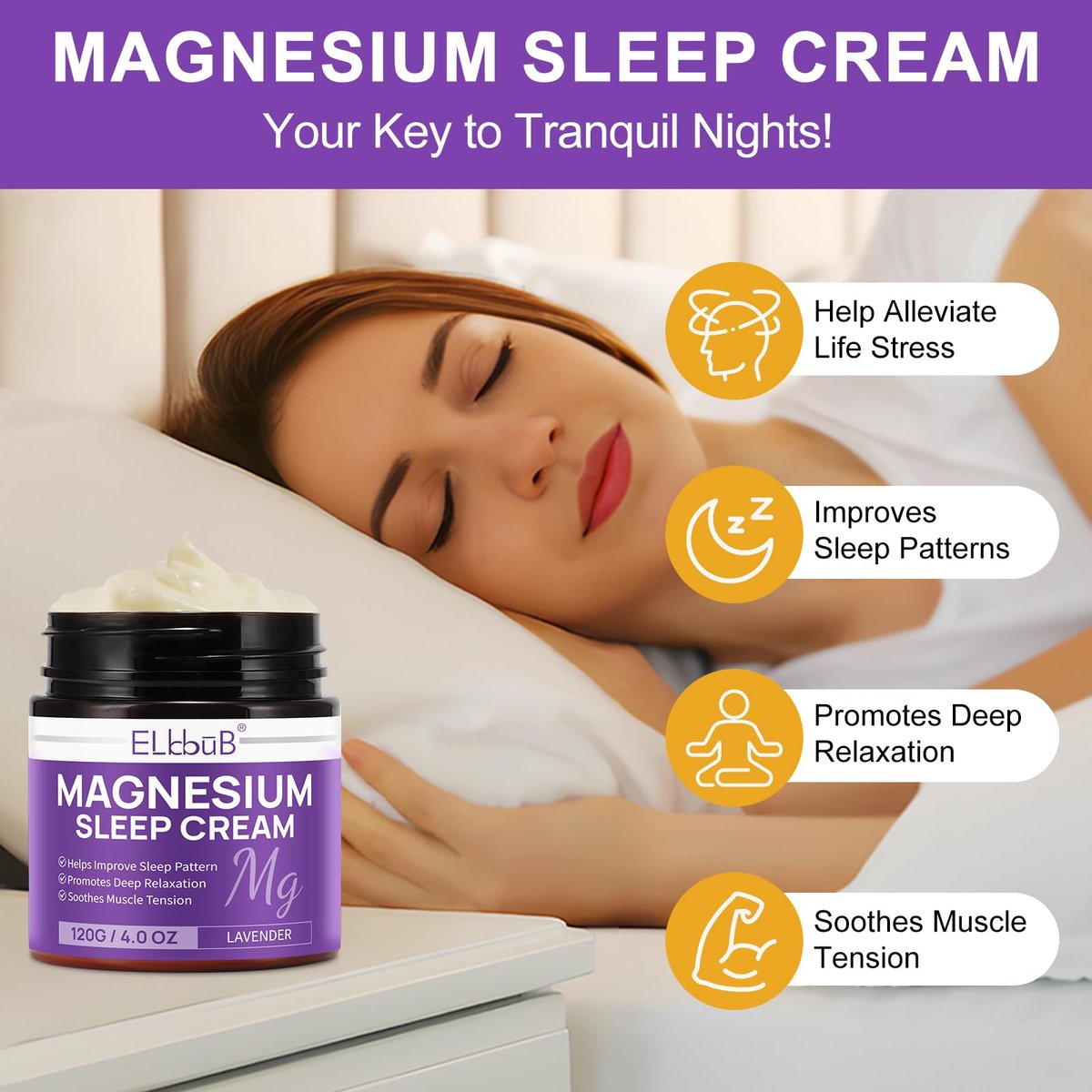 Magnesium Creme für erholsamen Schlaf – mit Mandelöl, Lavendel und Vitamin E für tiefe Entspannung – natürliche Magnesium Lotion zur Hautpflege und schnellen Absorption – Lavendelduft