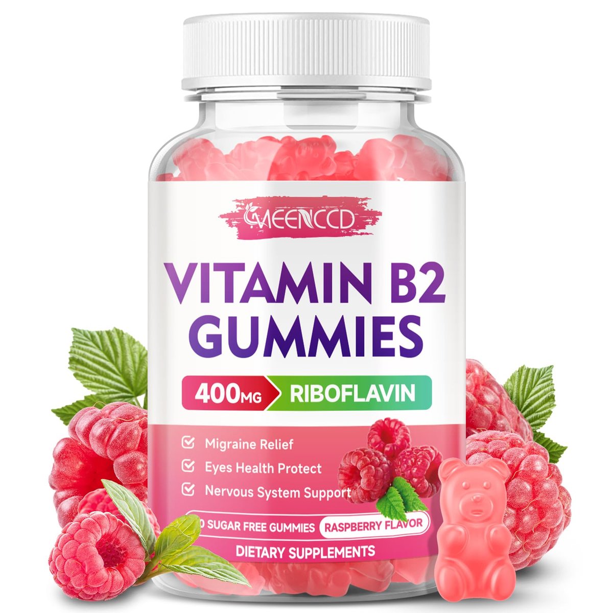MEENCCD Vitamin B2 Gummies – Riboflavin 400mg mit Magnesium für Kinder & Erwachsene, Vegan, Zuckerfrei, Himbeergeschmack, 60 Stück