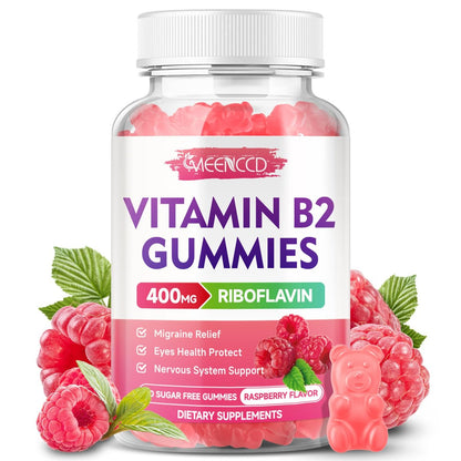 MEENCCD Vitamin B2 Gummies – Riboflavin 400mg mit Magnesium für Kinder & Erwachsene, Vegan, Zuckerfrei, Himbeergeschmack, 60 Stück