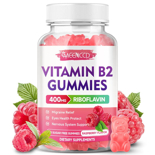 MEENCCD Vitamin B2 Gummies – Riboflavin 400mg mit Magnesium für Kinder & Erwachsene, Vegan, Zuckerfrei, Himbeergeschmack, 60 Stück