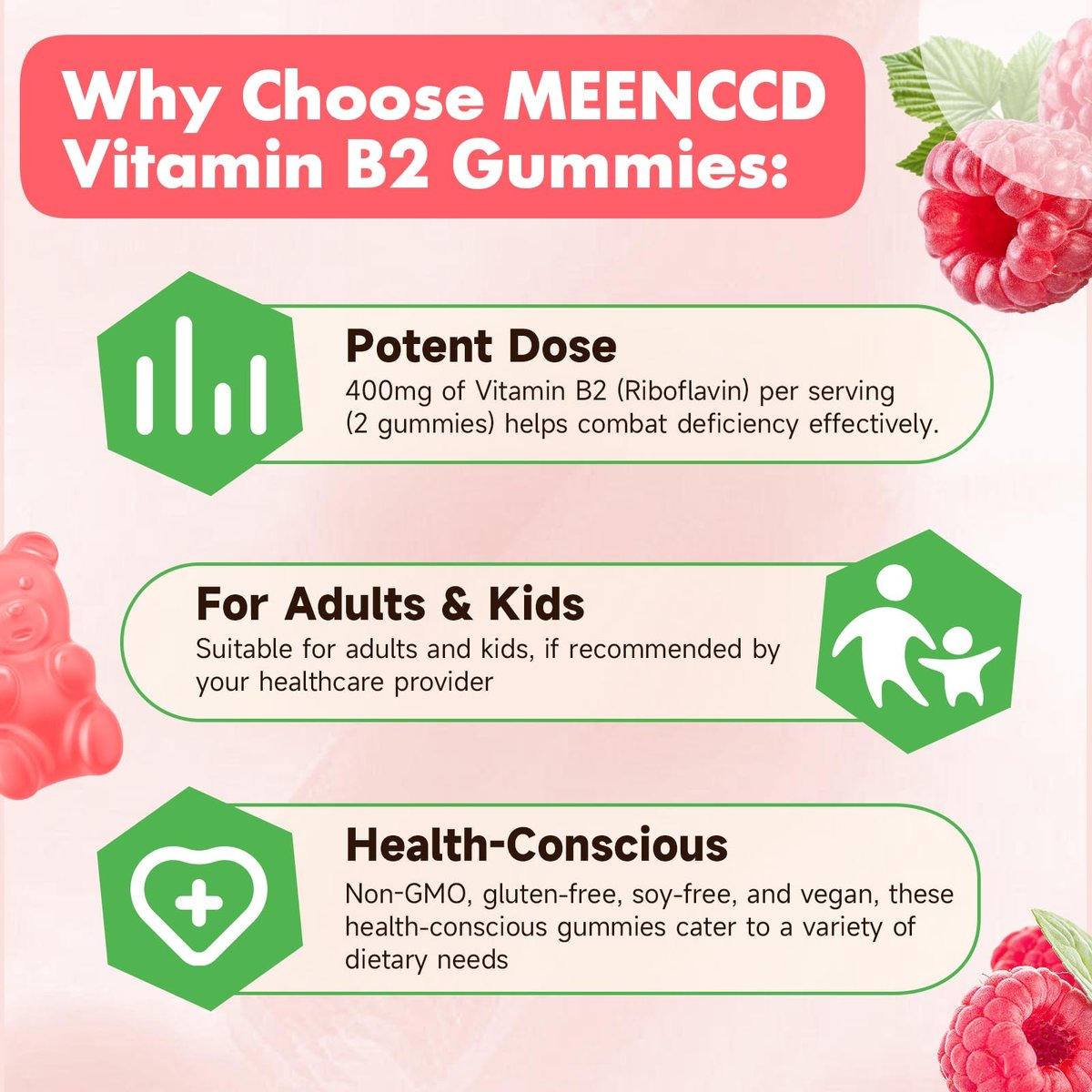 MEENCCD Vitamin B2 Gummies – Riboflavin 400mg mit Magnesium für Kinder & Erwachsene, Vegan, Zuckerfrei, Himbeergeschmack, 60 Stück