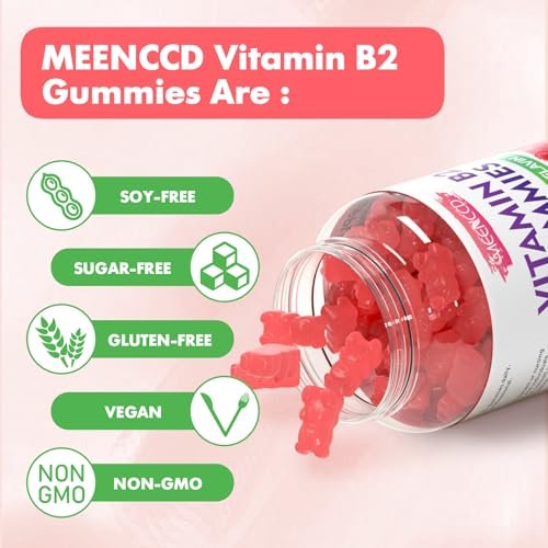MEENCCD Vitamin B2 Gummies – Riboflavin 400mg mit Magnesium für Kinder & Erwachsene, Vegan, Zuckerfrei, Himbeergeschmack, 60 Stück