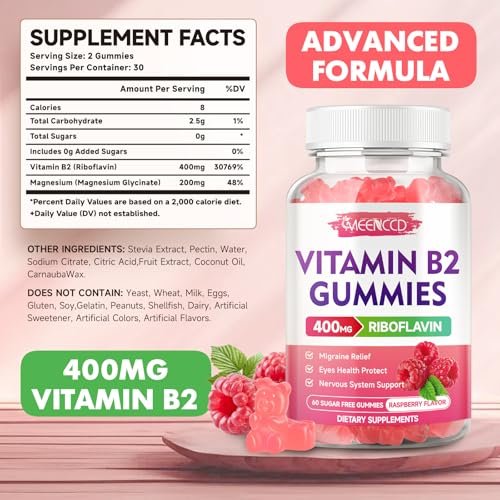 MEENCCD Vitamin B2 Gummies – Riboflavin 400mg mit Magnesium für Kinder & Erwachsene, Vegan, Zuckerfrei, Himbeergeschmack, 60 Stück