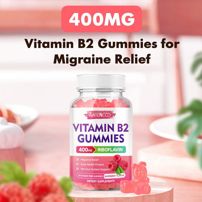 MEENCCD Vitamin B2 Gummies – Riboflavin 400mg mit Magnesium für Kinder & Erwachsene, Vegan, Zuckerfrei, Himbeergeschmack, 60 Stück